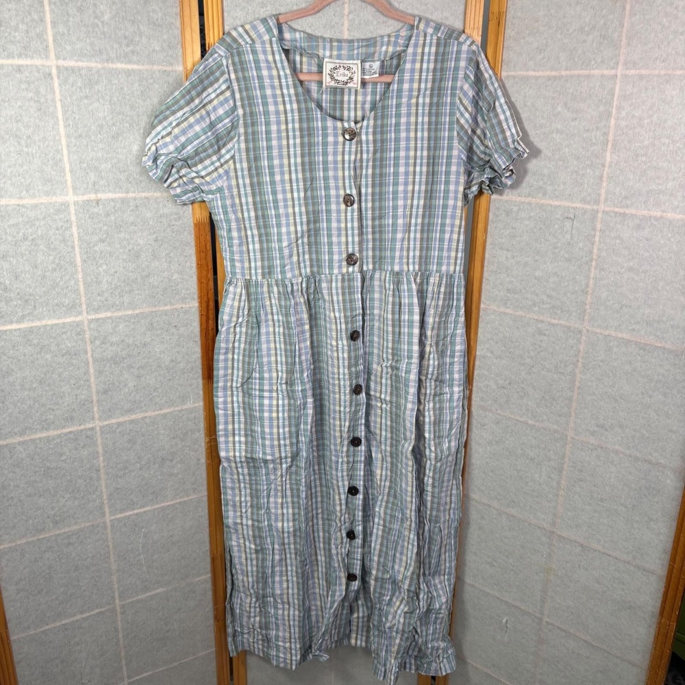 Vintage Erika Plaid Button Front Dress L Blue Green Cotton Cottagecore Pockets